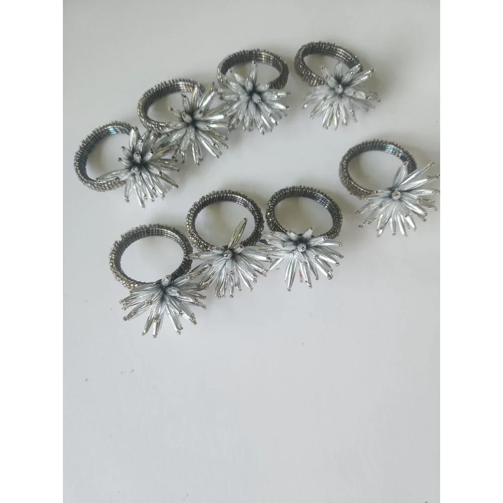 Set of 8 Beaded Starburst Napkin Rings Silver White Floral Burst Table Decor